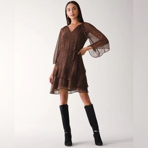 White House Black Market Brown Sheer Animal Print Dress, Size Large